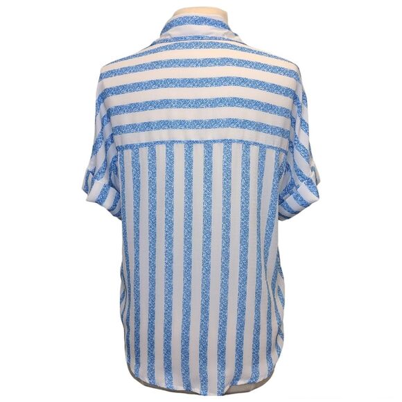 Womens Blue White Striped Print Batwing Sleeve Pocket Blouse Top S - Picture 7 of 11